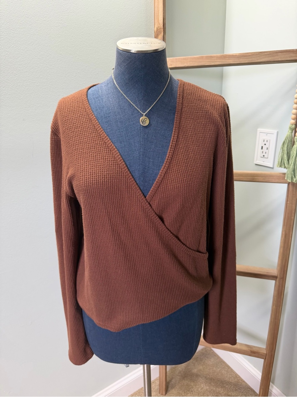 Aerie Brown Crossover Faux Wrap Waffle Knit Long Sleeve Crop Top Shirt Size XL